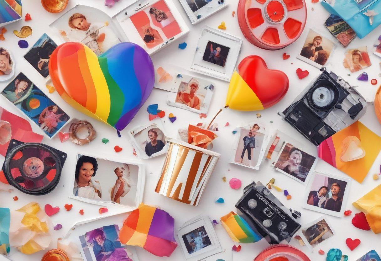A dynamic collage of various LGBTQ+ video content scenes, featuring vibrant colors and diverse representations of gay-themed entertainment. Include iconic film reels, streaming platforms icons, and symbols of love and pride. Show characters in joyful settings, celebrating togetherness. The background should be colorful and lively, suggesting an immersive cinematic experience. 3D illustration. vibrant colors. white background.