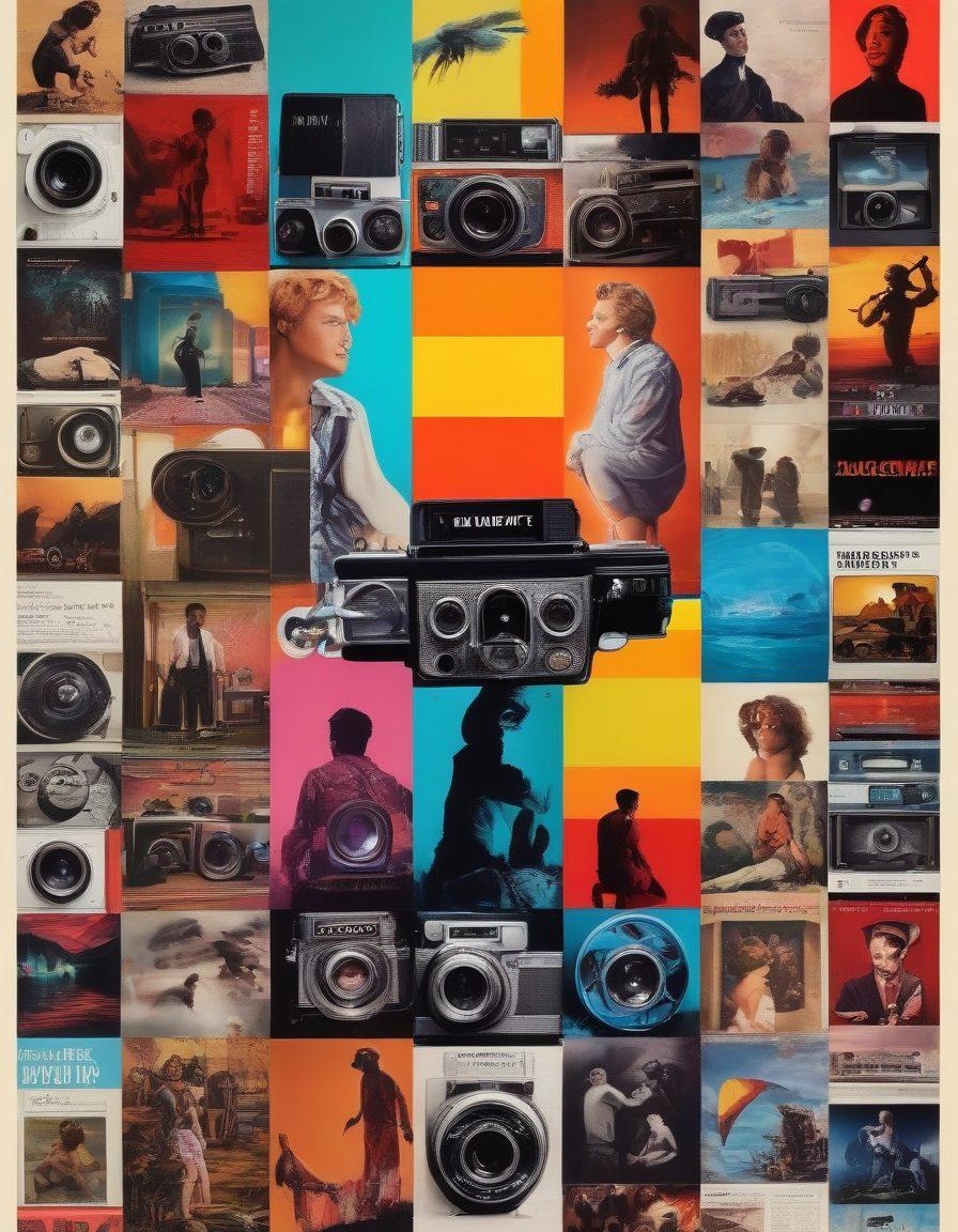 A vibrant collage depicting the evolution of gay adult content, featuring a timeline with home videos transitioning into high-budget blockbusters. Include visual elements like vintage video cameras, film reels, colorful movie posters, and iconic scenes. The background should blend various styles from retro to modern, illustrating progress in production quality and representation. Capture a sense of celebration and diversity within the LGBTQ+ community. super-realistic. vibrant colors. collage style.