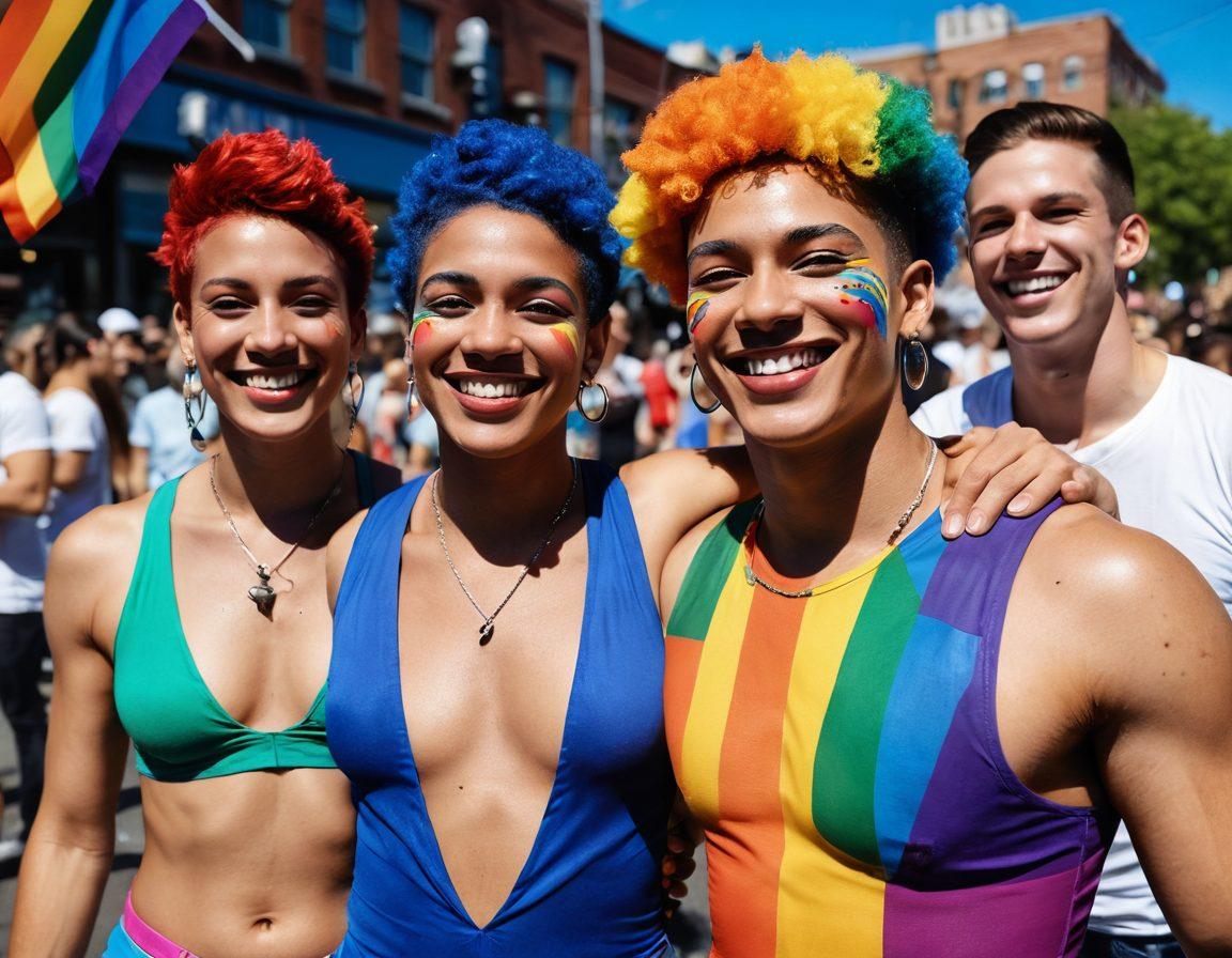 A vibrant street parade showcasing diverse queer individuals expressing their identities through colorful outfits and artistic body paint. The background features rainbow flags, joyful faces, and a sense of community celebration, all under a bright blue sky. Capture the energy of unity in a lively urban setting where different cultures blend seamlessly. super-realistic. vibrant colors. 3D.